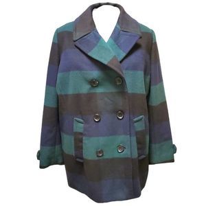 Women's Plaid Wool Blend Pea Coat in Blackwatch Colors Blue, Green, Black